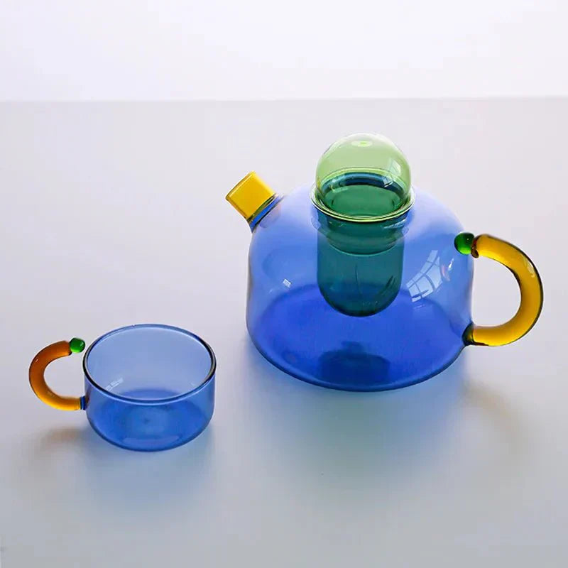 Translucent Glas Teapot og Kop Sæt med Kontrasterende Farver