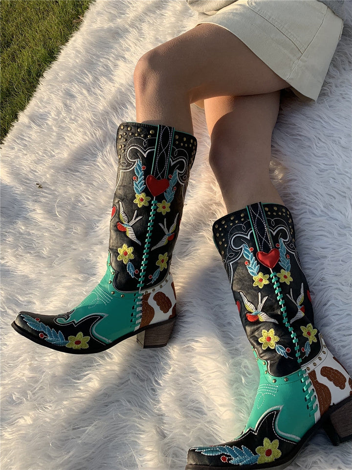 Elfriede | Dame Stilfulde Broderede Cowboy Støvler med Blomsterdesign