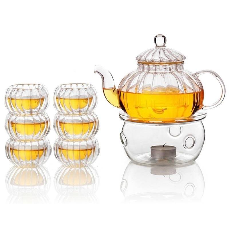 Elegant Borosilikat Glas Teapot Sæt med 6 Kopper og Stearinlys Holder
