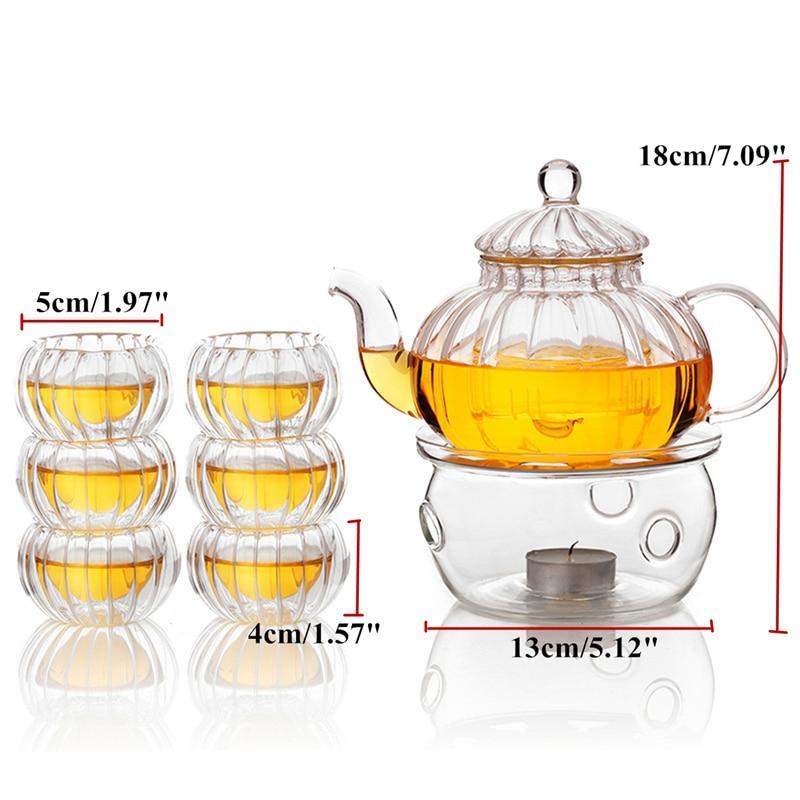 Elegant Borosilikatglas Teapot Sæt med 6 Kopper og Lysestage
