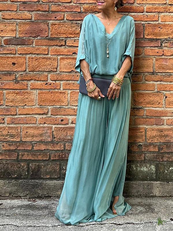 Olive | Kvinders V-Hals Batwing Ærme Bred Ben Jumpsuit 2 Delt