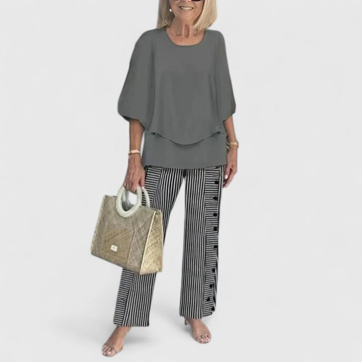 Fern | Kvinders afslappede blomsterprint top og brede bukser sæt