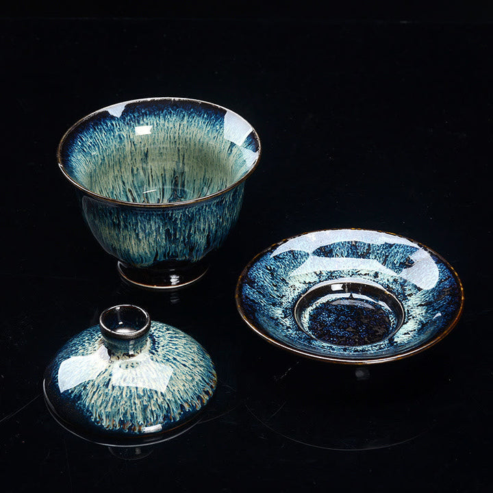 Elegant Keramisk Gaiwan Te Sæt med Sancai Glasur