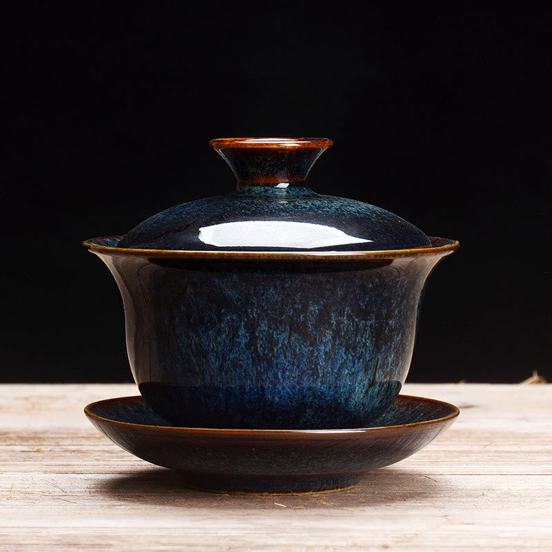 Elegant Keramisk Gaiwan Te Sæt med Sancai Glasur