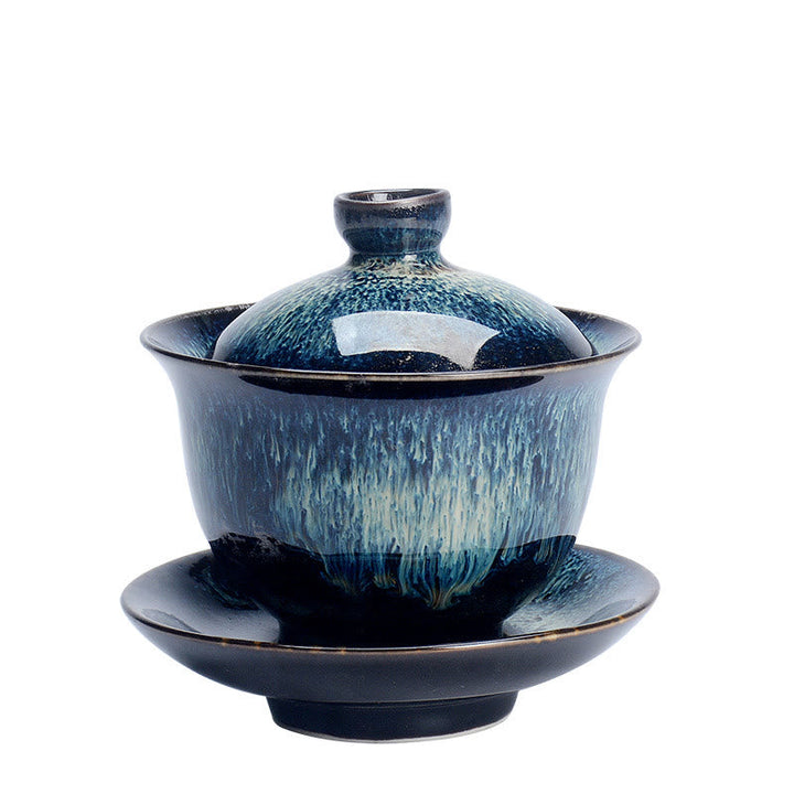 Elegant Keramisk Gaiwan Te Sæt med Sancai Glasur