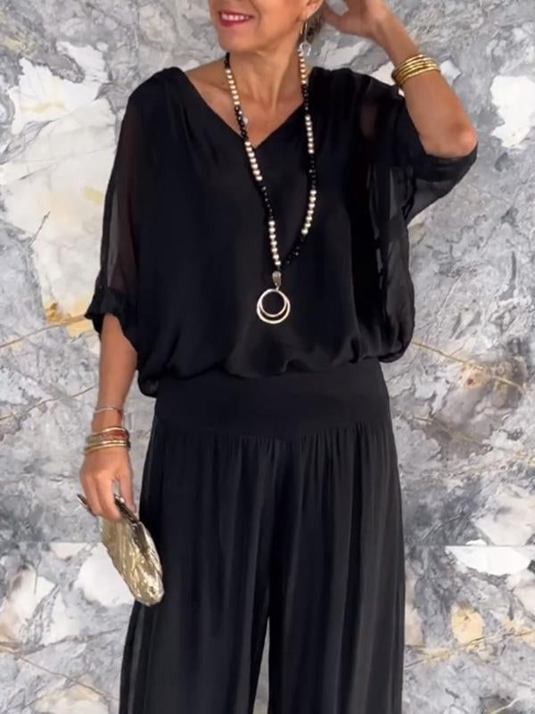 Olive | Kvinders V-Hals Batwing Ærme Bred Ben Jumpsuit 2 Delt