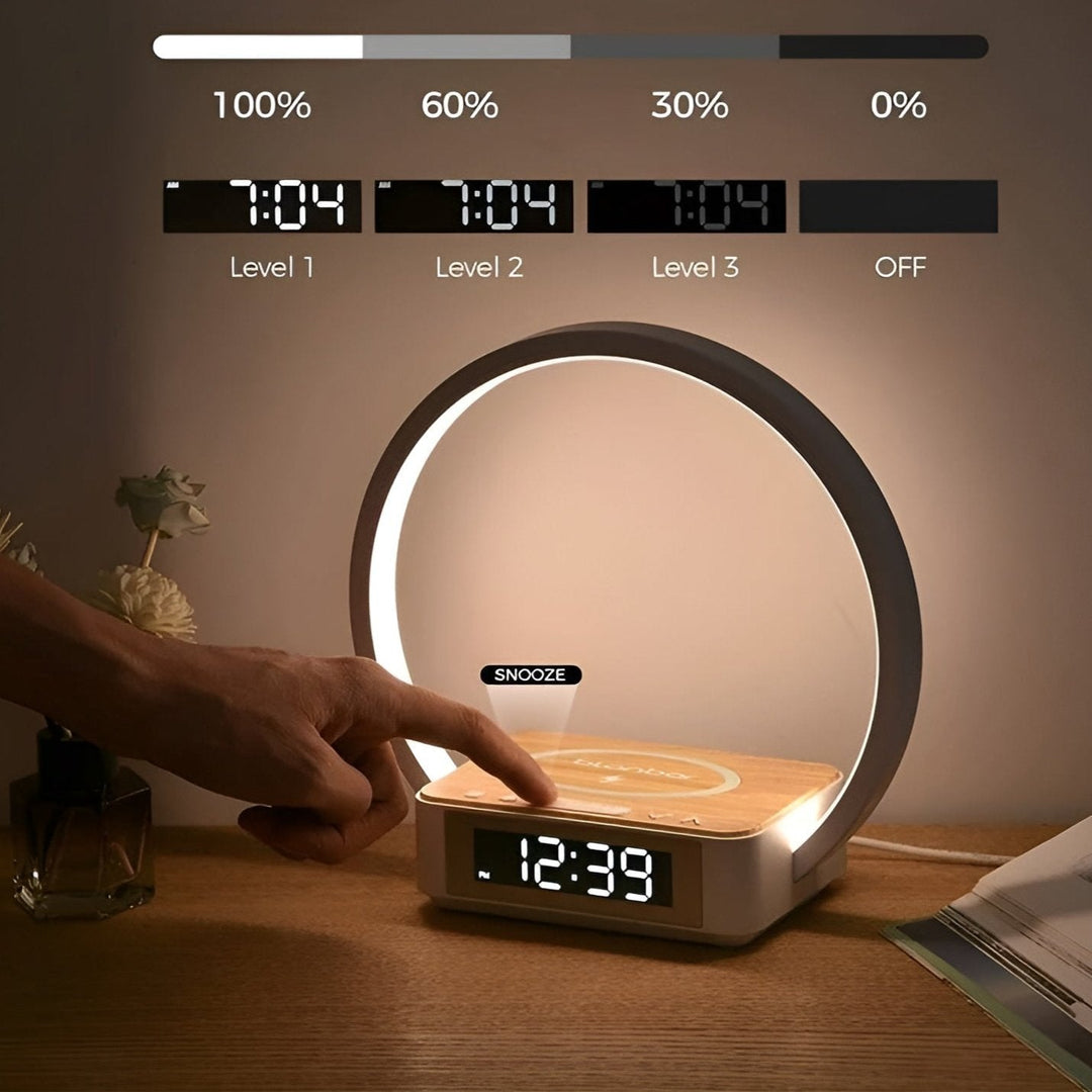 3-i-1 LED Bordlampe med Trådløs Oplader og Vækkeur