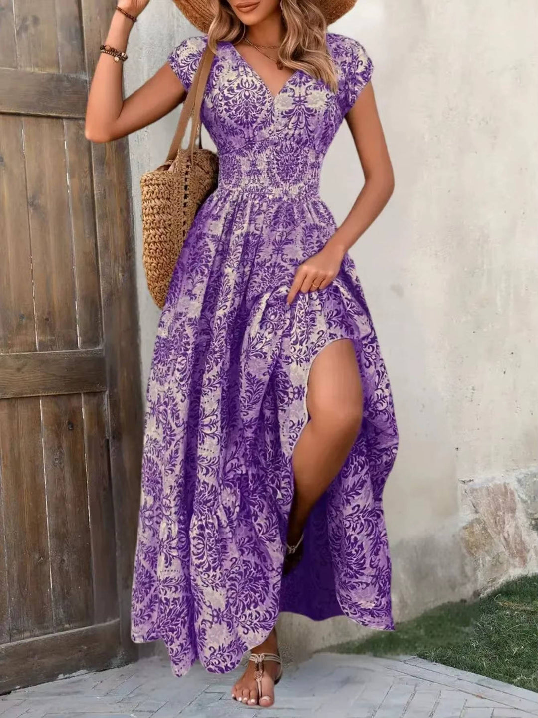 Sienna | Kvinders Smocked Boho Print Tiered Maxi Kjole