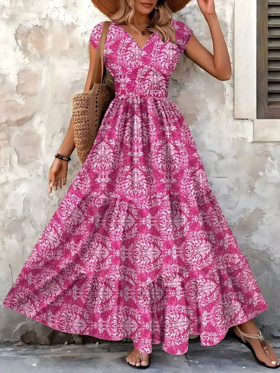 Sienna | Kvinders Smocked Boho Print Tiered Maxi Kjole