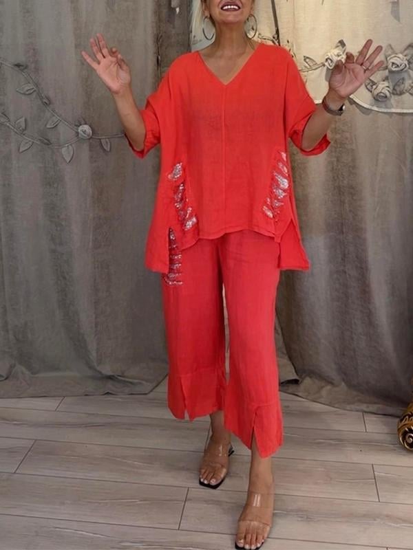Perle | Kvinders Casual 2-delt Sæt V-Hals Top og Croppede Bukser