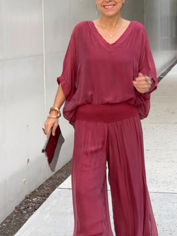 Olive | Kvinders V-Hals Batwing Ærme Bred Ben Jumpsuit 2 Delt