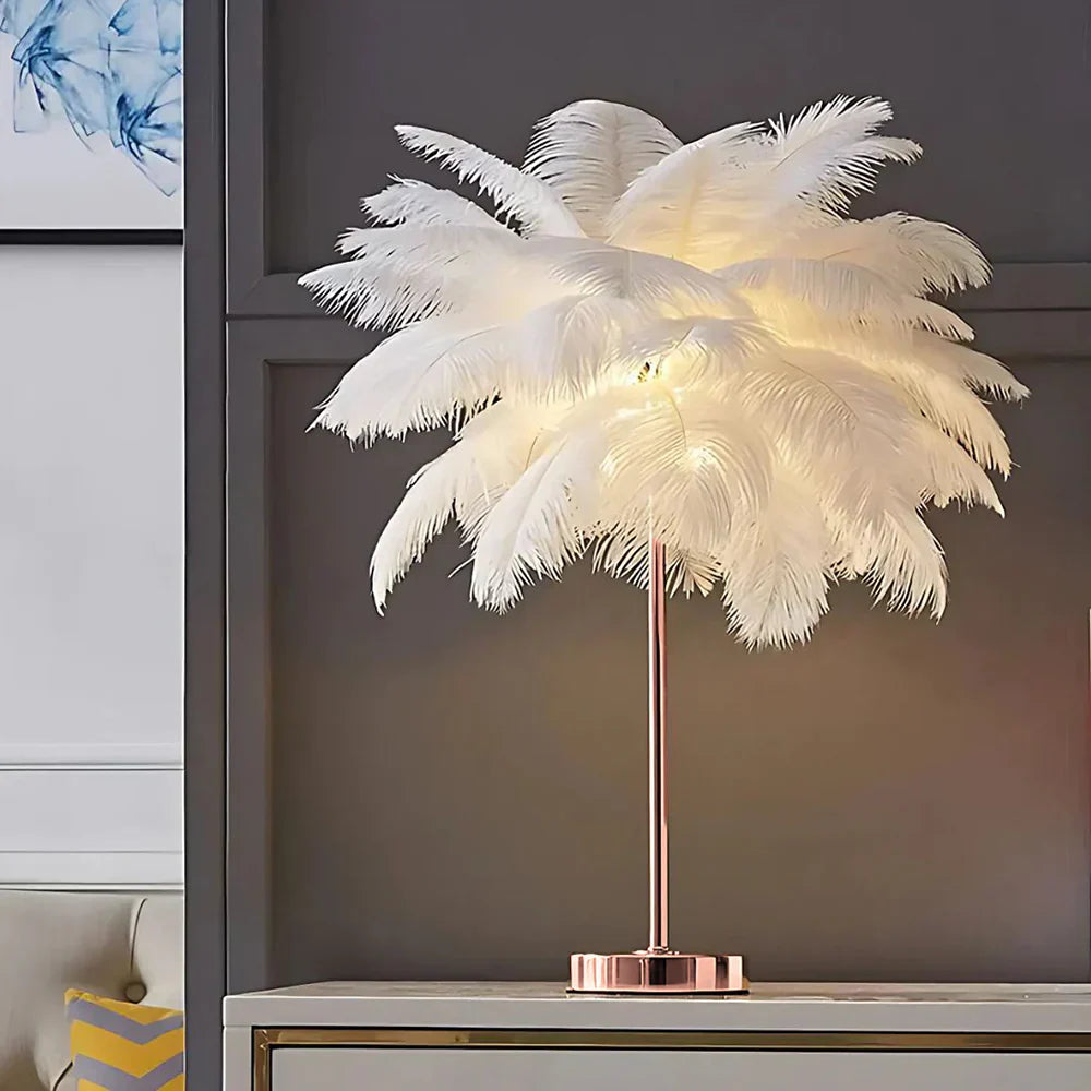 Elegant Bordlampe med Fjer Skærm og Fjernbetjening