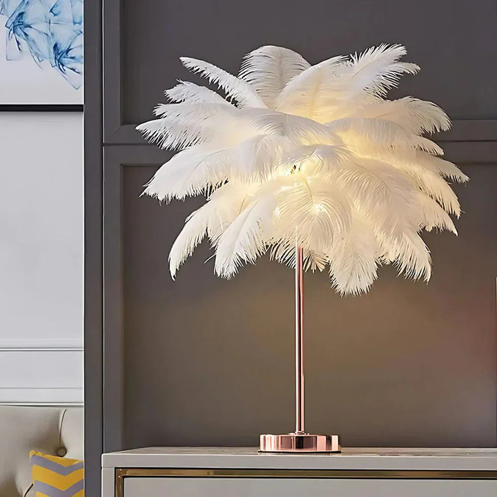 Elegant Bordlampe med Fjer Skærm og Fjernbetjening