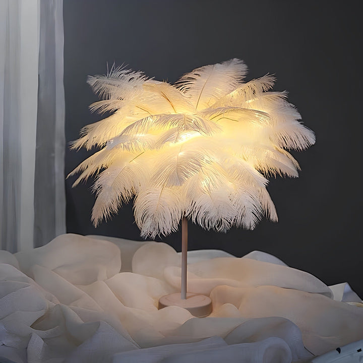 Elegant Bordlampe med Fjer Skærm og Fjernbetjening