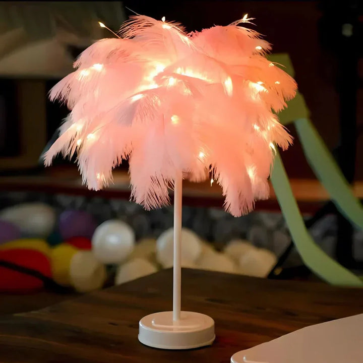 Elegant Bordlampe med Fjer Skærm og Fjernbetjening