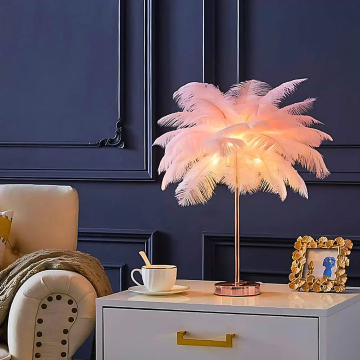 Elegant Bordlampe med Fjer Skærm og Fjernbetjening