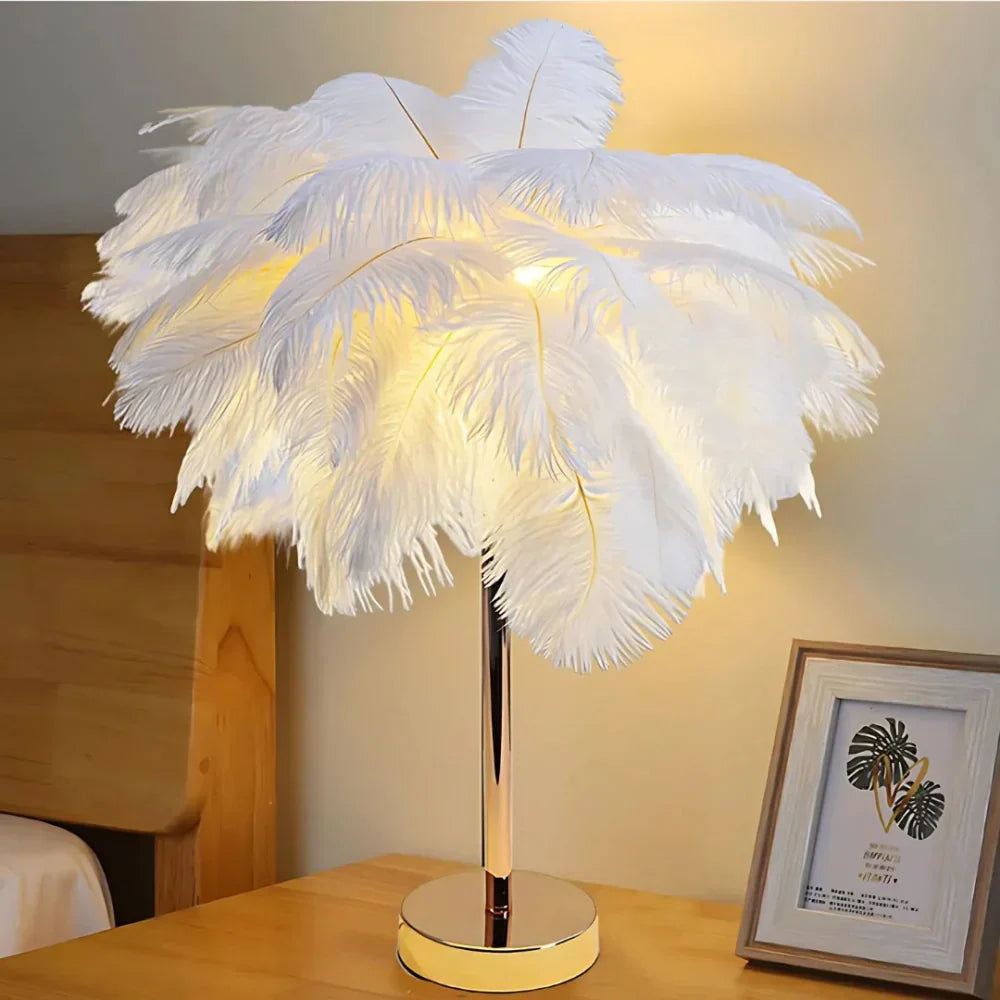 Elegant Bordlampe med Fjer Skærm og Fjernbetjening