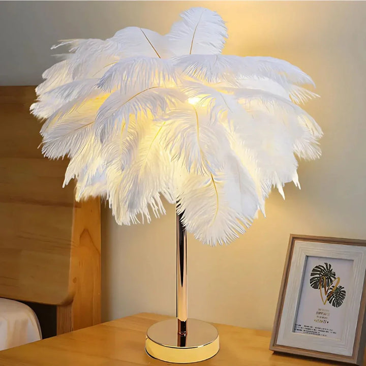 Elegant Bordlampe med Fjer Skærm og Fjernbetjening