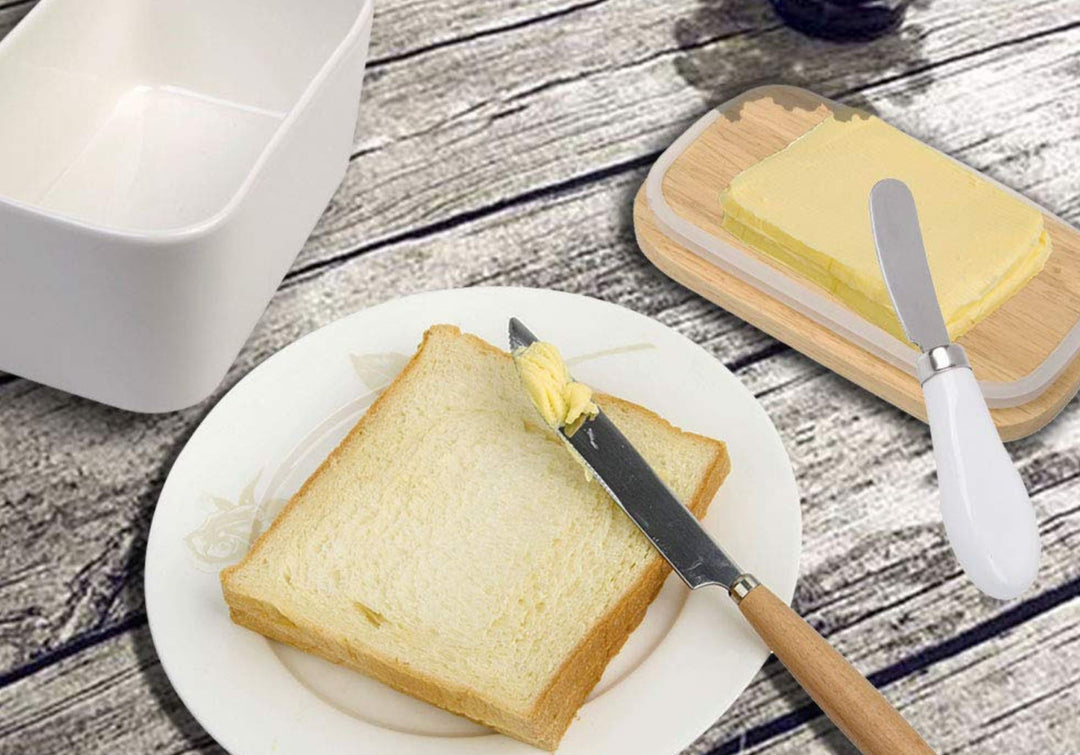 Vintage Porcelæns Smørskål med Trælåg og Kniv