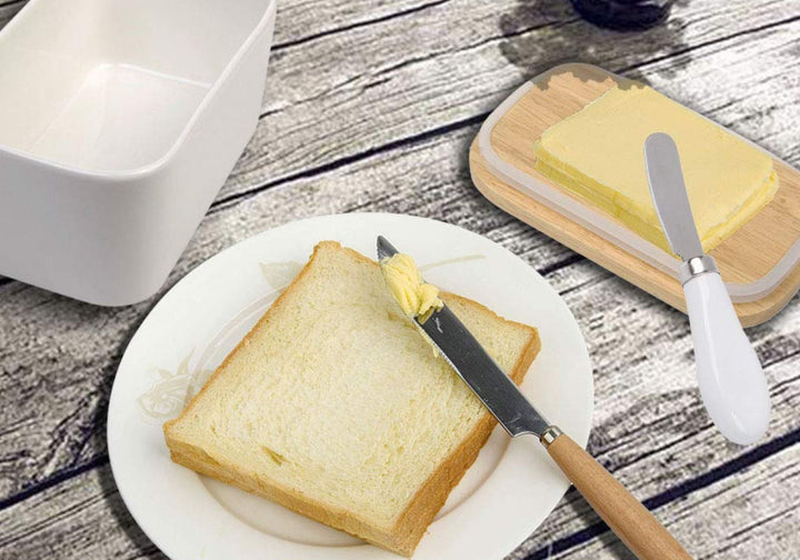 Vintage Porcelæns Smørskål med Trælåg og Kniv