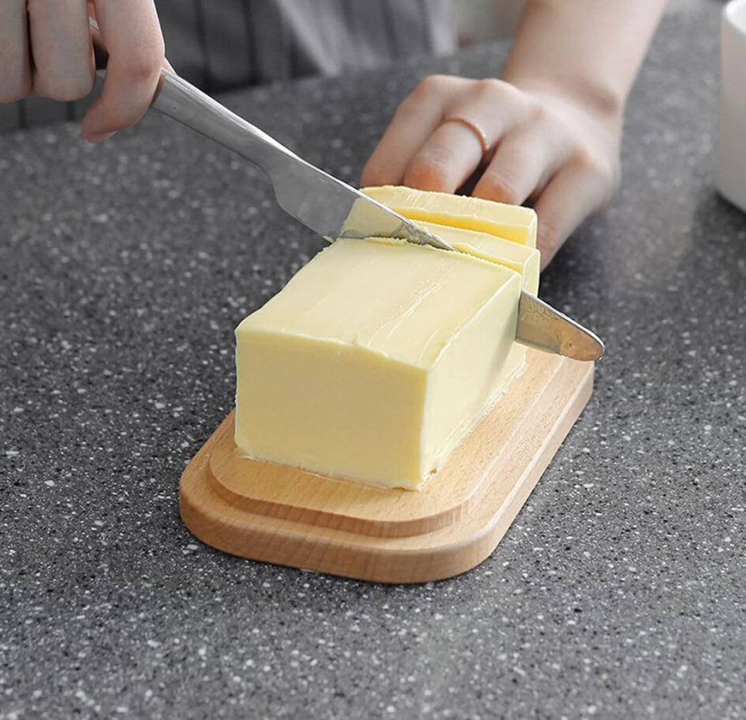 Vintage Porcelæns Smørskål med Trælåg og Kniv