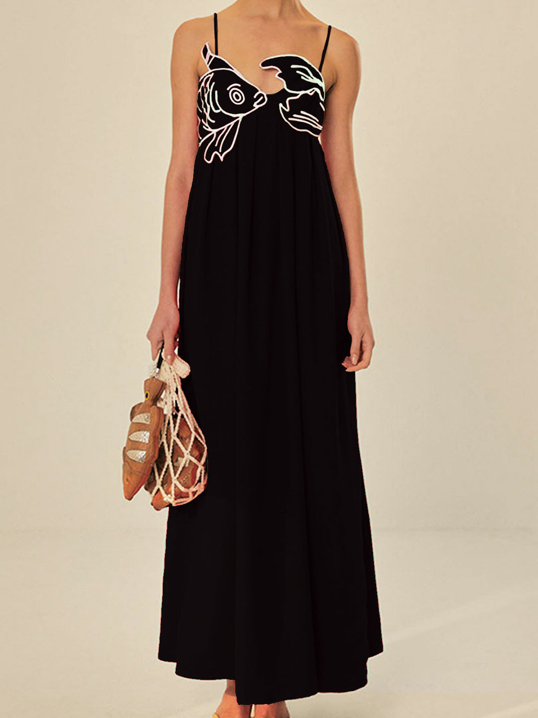 Marisol | Kvinders Broderet Spaghetti Strop Maxi Shift Kjole