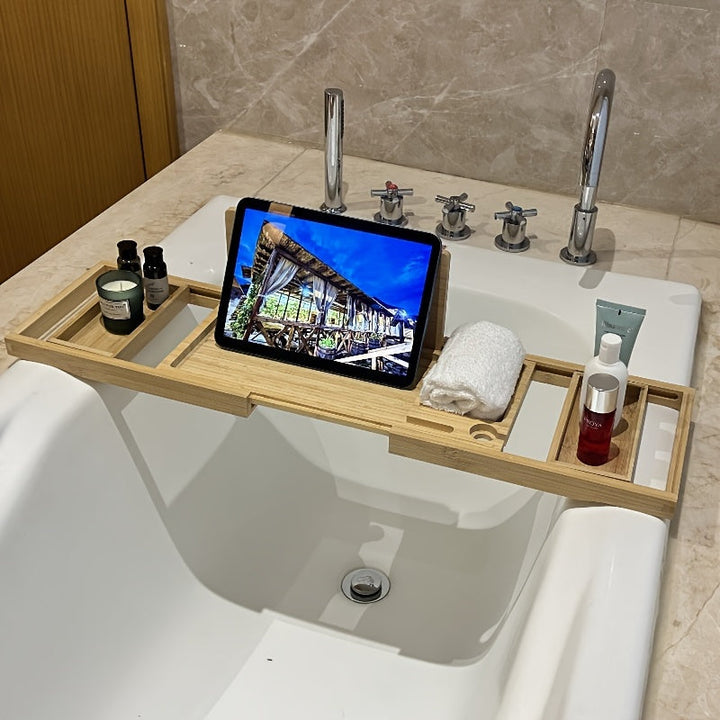 Justerbart Bambus Badekar Tray med Opbevaringsrum
