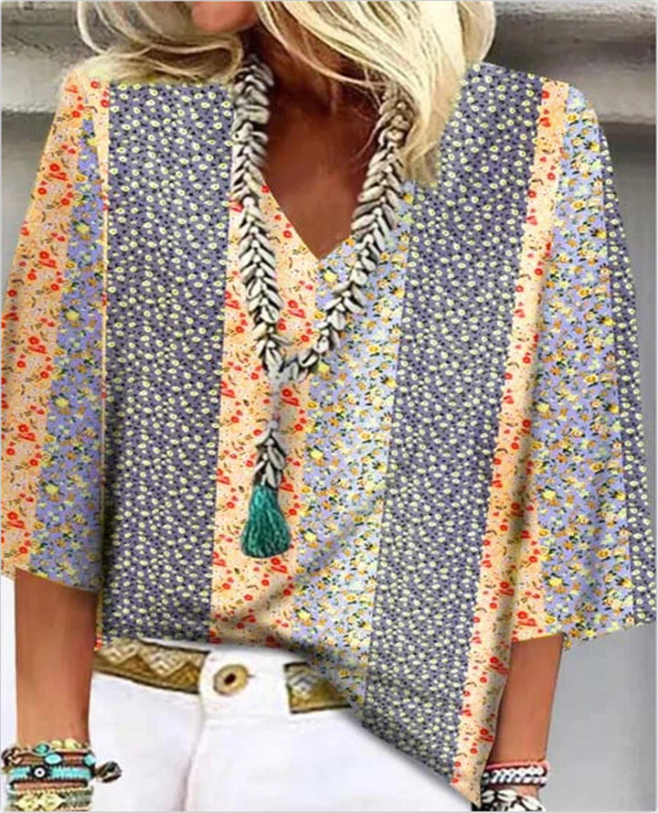 Mosaic | Kvinders Ditsy Blomster Patchwork V-Hals 3/4 Ærme Top