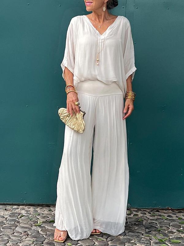 Olive | Kvinders V-Hals Batwing Ærme Bred Ben Jumpsuit 2 Delt