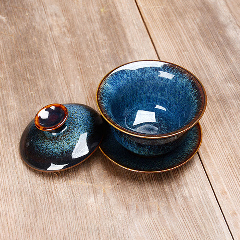Elegant Keramisk Gaiwan Te Sæt med Sancai Glasur