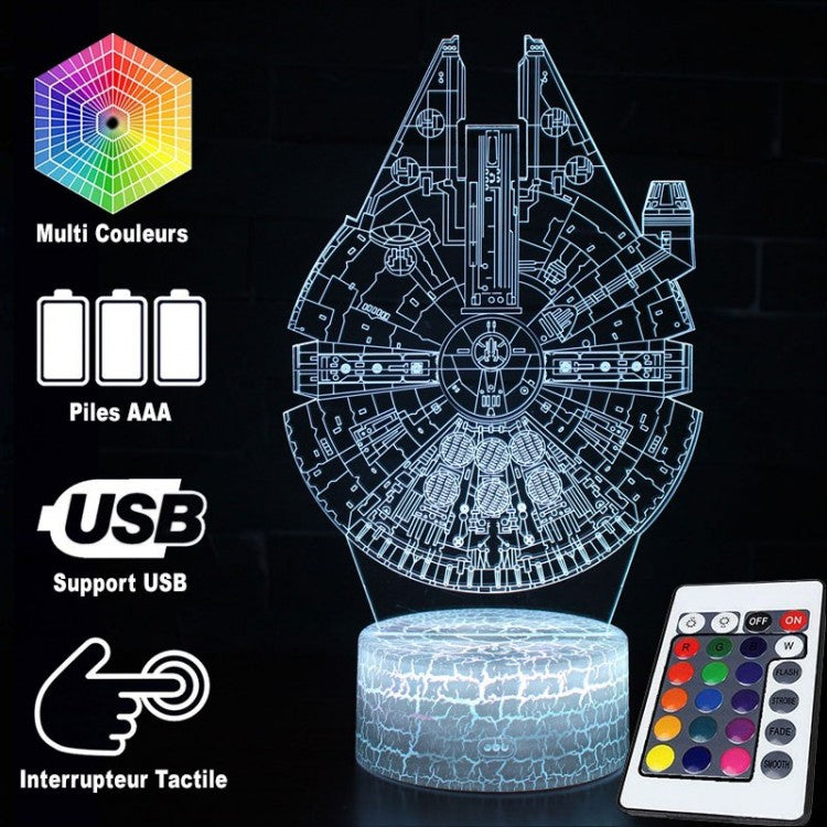 3D Millennium Falcon LED Lampe med Multifarvet Lys