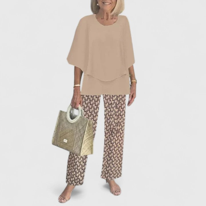 Fern | Kvinders afslappede blomsterprint top og brede bukser sæt