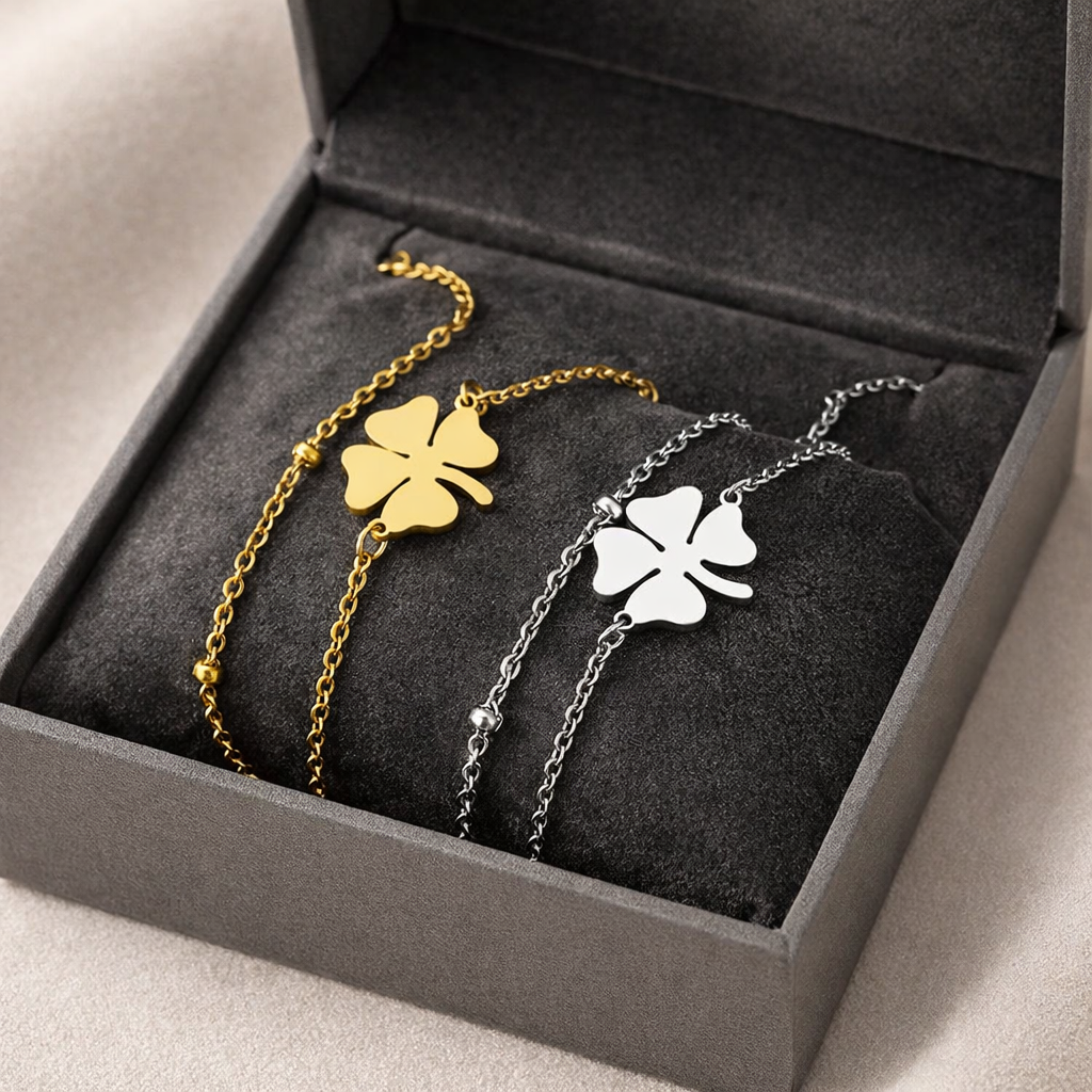 Sølv Firkløver Armbånd i Rustfrit Stål Dame Justerbar Elegant Lykke Smykke