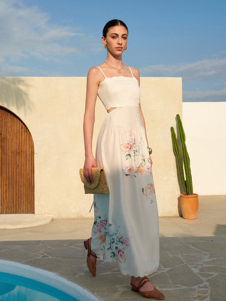 Eden | Kvinders Blomster Maxi Kjole med Udsnit i Taljen og Bølgekant