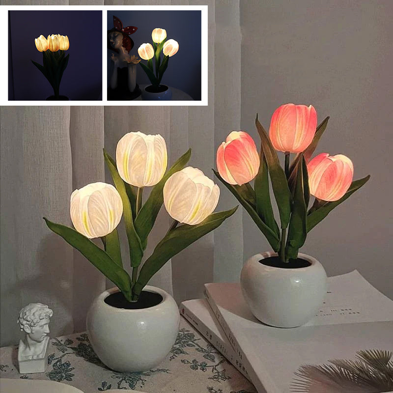 LED Tulipan Nattelys i Keramik med Blomstermotiv