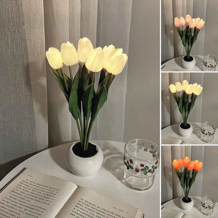 LED Tulipan Nattelys i Keramik med Blomstermotiv