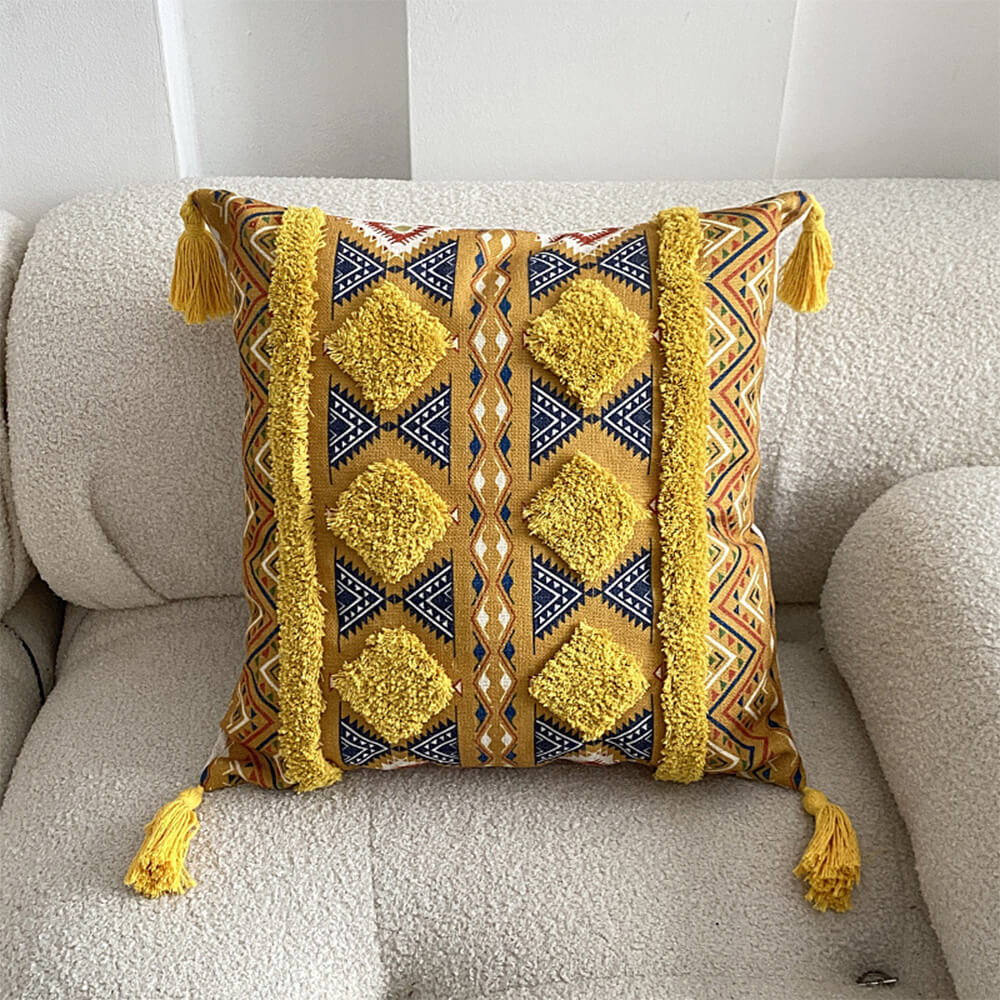 Marokkansk Dekorativ Pude med Frynser og Tuftet Struktur i Bomuldslerret