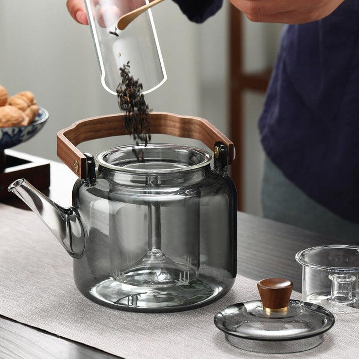 Røget Glas Teapot med Træhåndtag