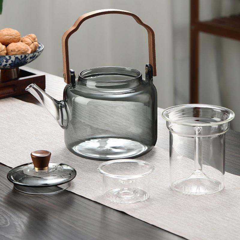 Røget Glas Teapot med Træhåndtag