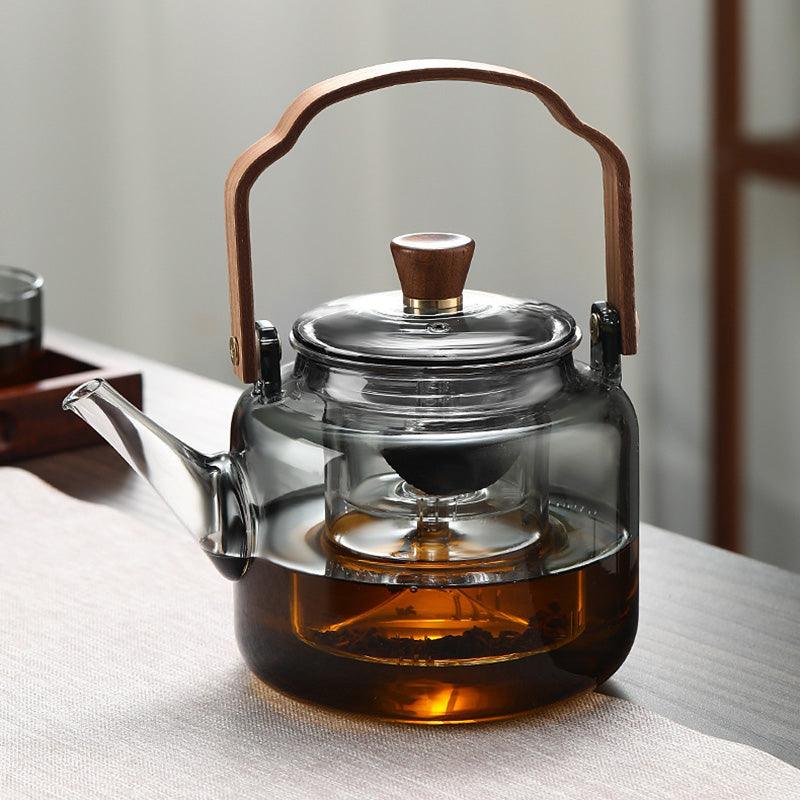 Røget Glas Teapot med Træhåndtag
