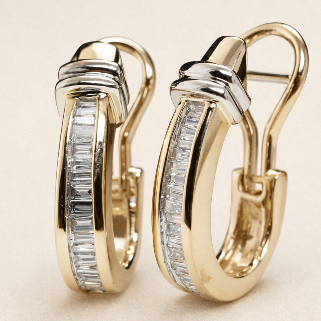 Guld Hoop Øreringe med Baguette Zirkonia To Tone Luksuriøse Dame Øreringe