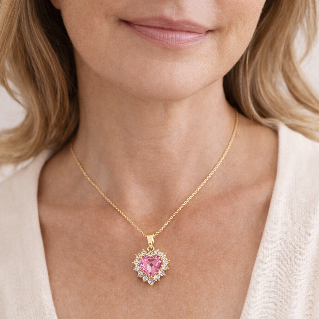 Guldfarvet Hjerte Halskæde med Rosa Krystal og Funklende Halo