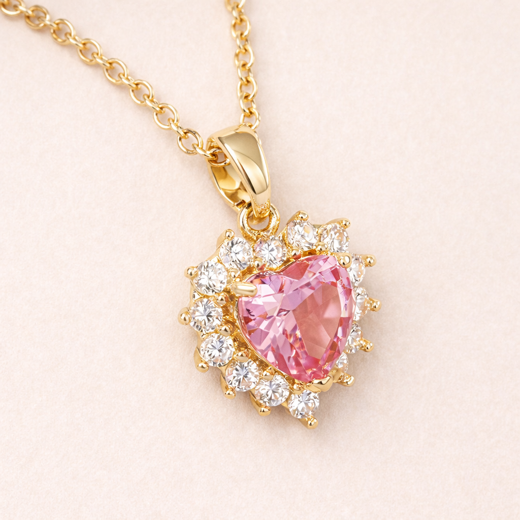 Guldfarvet Hjerte Halskæde med Rosa Krystal og Funklende Halo