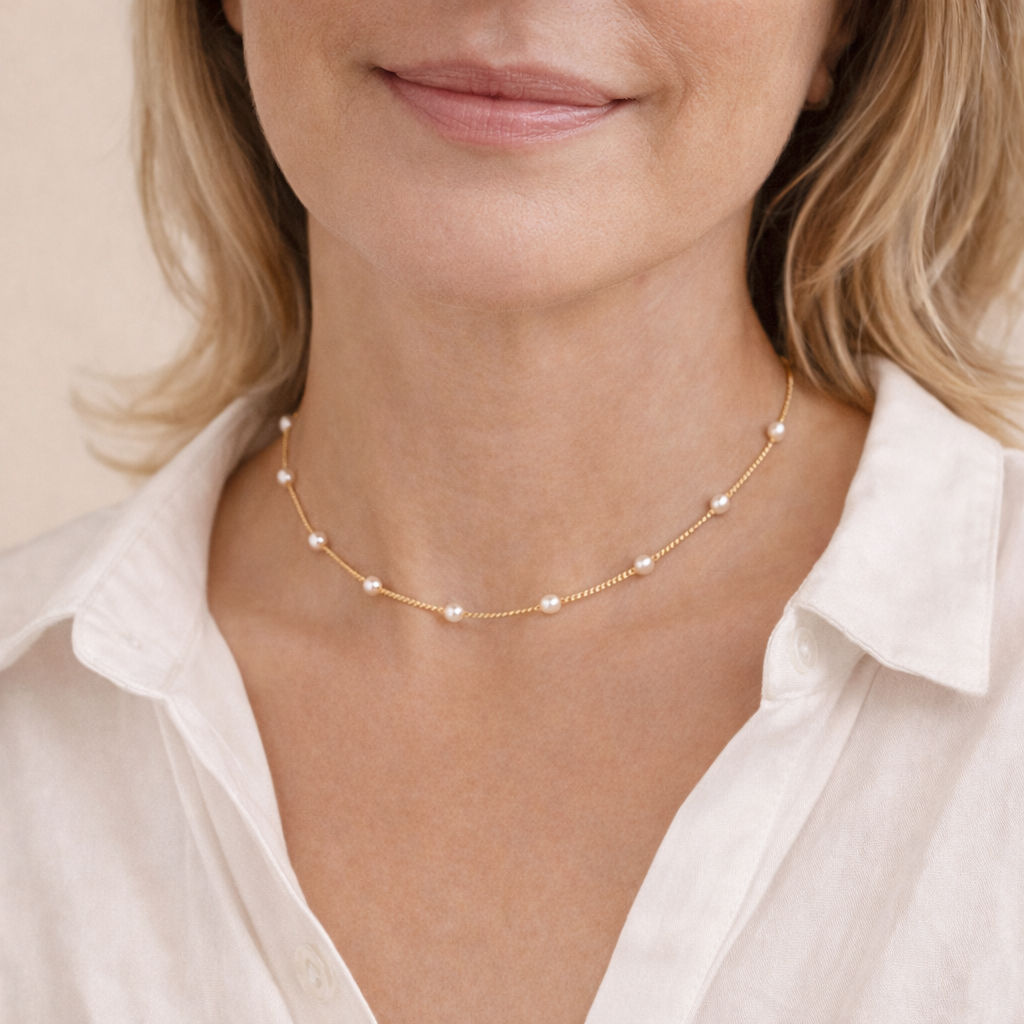 Guldfarvet Perlehalskæde med Små Perler Elegant Dame Choker Smykke