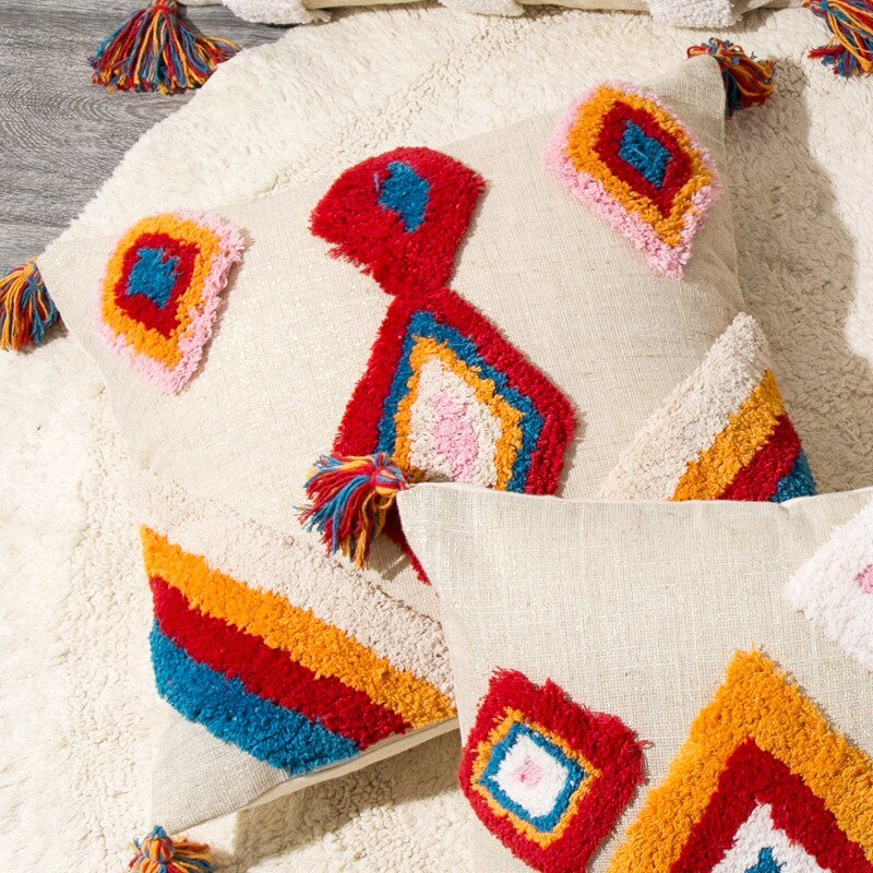 Håndlavet Marokkansk Boho Pude Cover med Uldkvaster