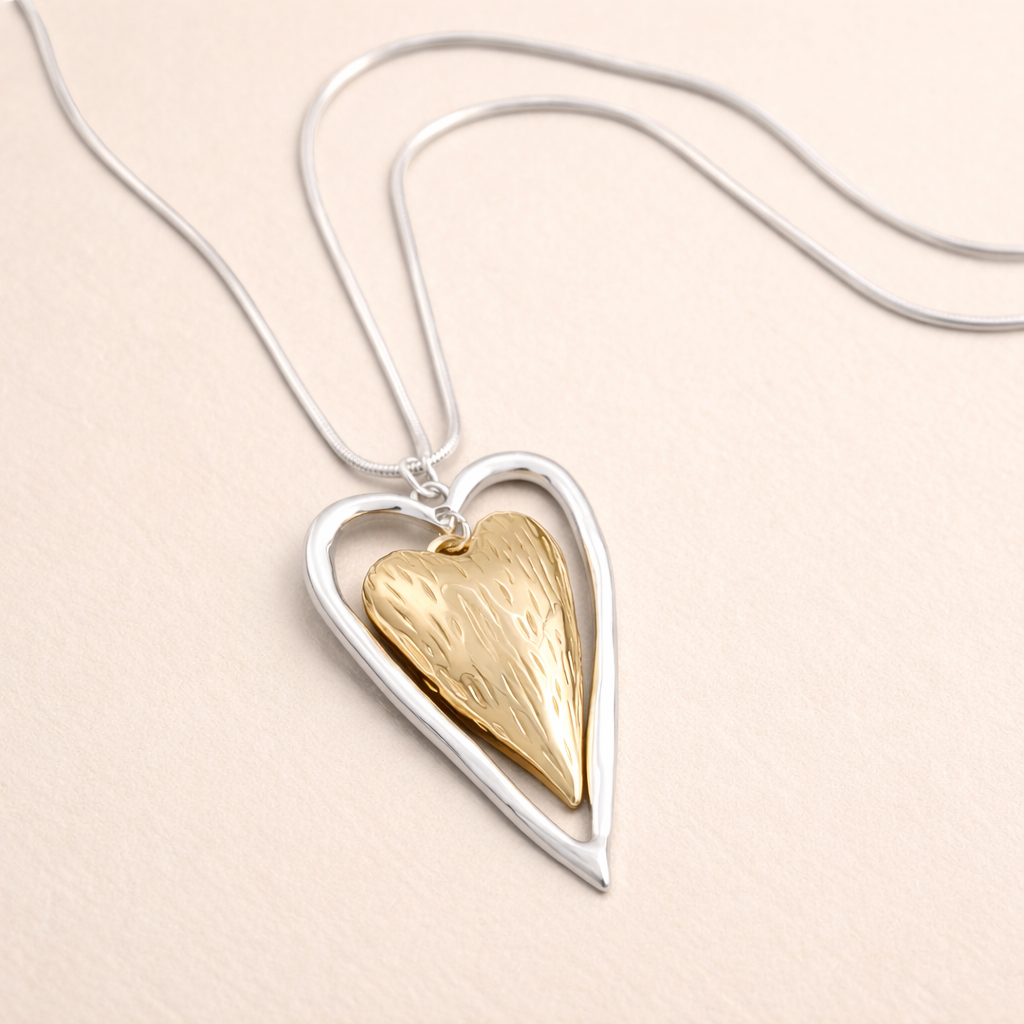 Elegant Hjerte Halskæde i Sølv & Guld – Romantisk Dobbelt Hjerte Vedhæng til Kvinder med Tidløs Glans