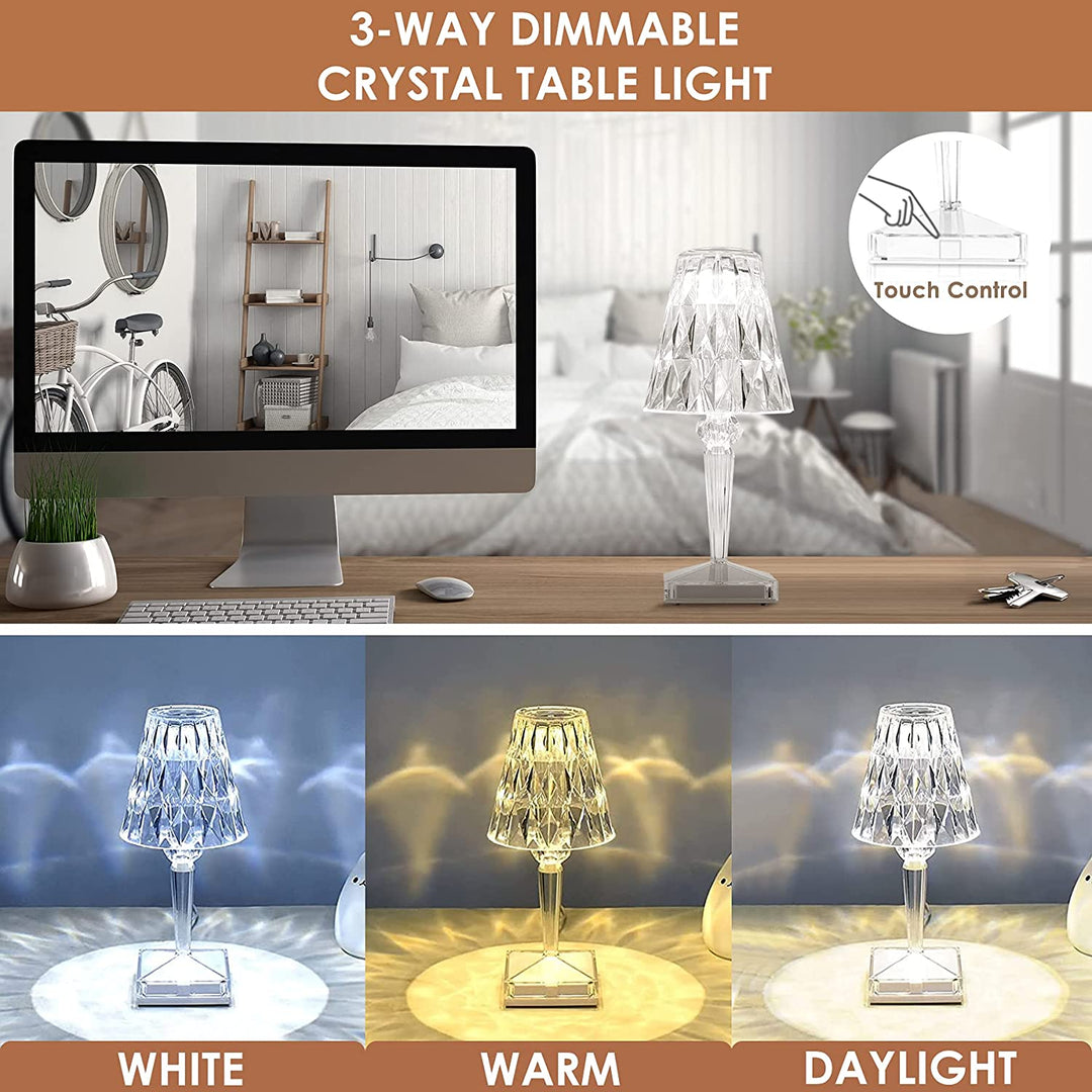 LED Krystal Bordlampe med Genopladeligt Batteri og Justerbare Lysindstillinger