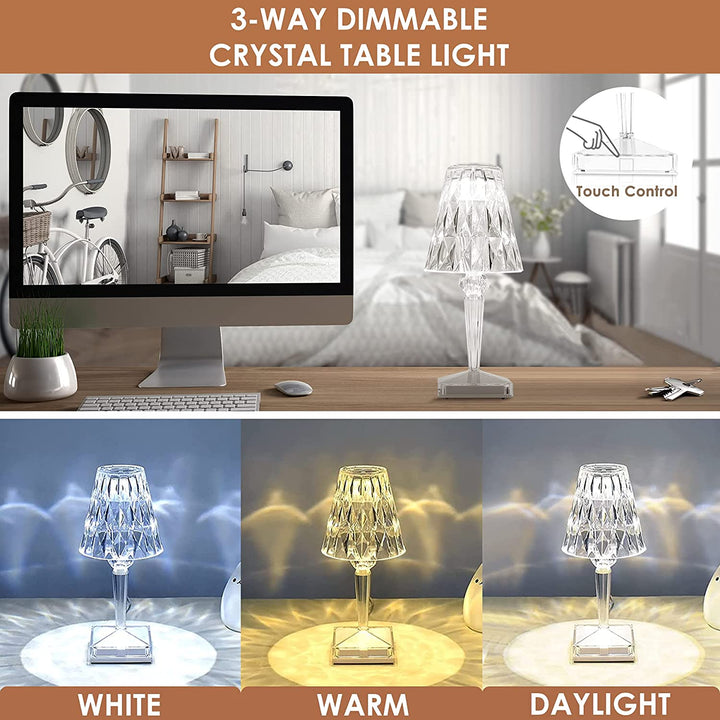 LED Krystal Bordlampe med Genopladeligt Batteri og Justerbare Lysindstillinger