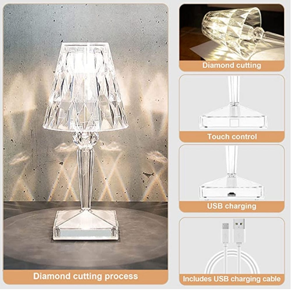LED Krystal Bordlampe med Genopladeligt Batteri og Justerbare Lysindstillinger