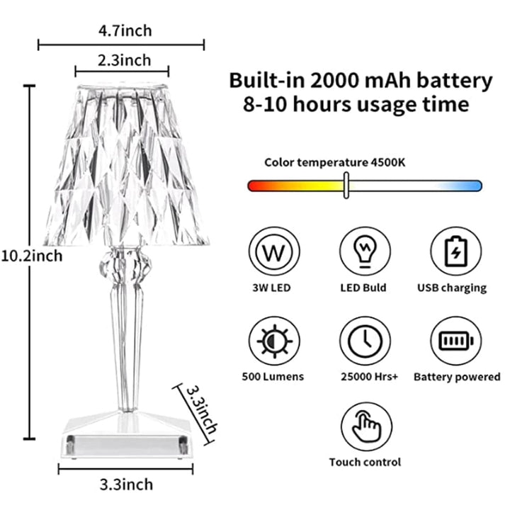 LED Krystal Bordlampe med Genopladeligt Batteri og Justerbare Lysindstillinger